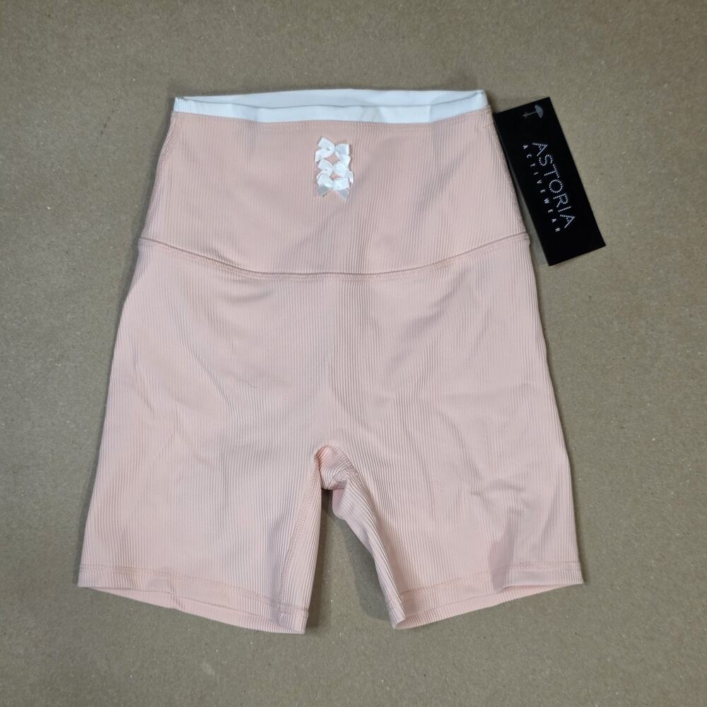 Astoria Active Baby Pink Biker Shorts Ribbed Bows Size XS NWT 4.5 Inseam Stretch